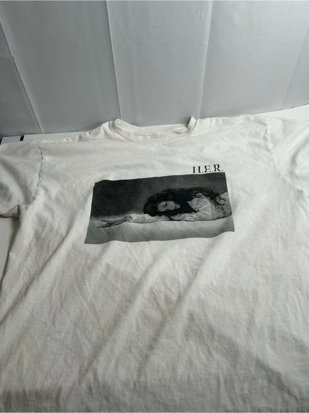 White Graphic Home Art Poster-Style Print Tee shirt of H.E.R.